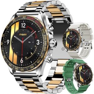 Maoo Titan AMOLED Smartwatch Homme - Edition spéciale - Acier inoxydable et 2 bracelets TPU - Podomètre - Moniteur de fréquence cardiaque - Moniteur de sommeil - Multisport - Convient à Android et iOS - Argent et or