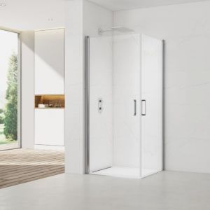 Swiss Aqua Technologies Fusion Portes de douche acces en angle pivotantes 80x80cm anticalcaire avec profil&eacute;s chrome brillant (SATFUD8080-SET)