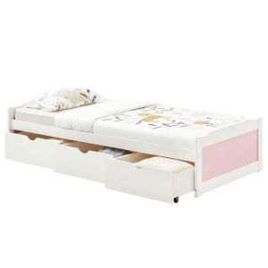 Idimex Lit fonctionnel MIA avec rangements 3 tiroirs 90 x 190 cm, en pin massif lasuré blanc et rose