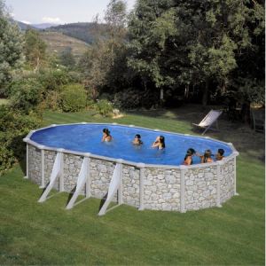 Image de Gre KITPROV738P - Piscine Skyathos ovale hors sol en acier aspect pierre 730 x 375 x 132 cm