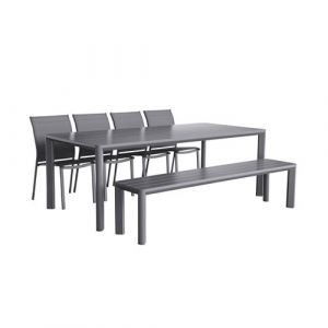 Sweeek Table de jardin 1 banc et 4 chaises aluminium et textilène anthracite 220 x 100 x 75 cm