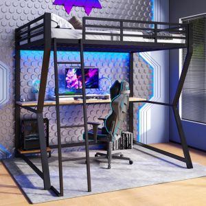 Lit mezzanine 140 x 200 cm - avec éclairage LED - avec bureau - prise de courant + USB - avec escalier - noir (matelas non inclus)