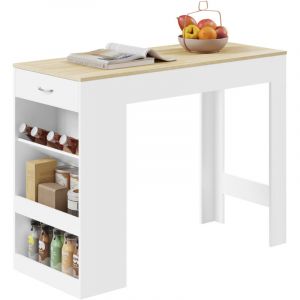 Table de Bar WOLTU, 1 Tiroir et 3 Compartiments Ouverts, Table Haute Cuisine en Bois d'Ing&eacute;nierie, Ch&ecirc;ne Clair + Blanc