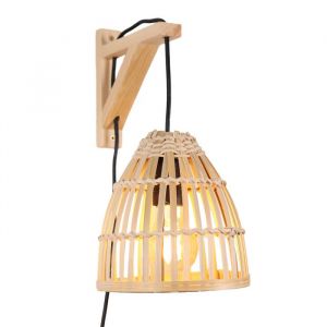Applique murale avec base en bois et abat-jour en bambou 18x17cm