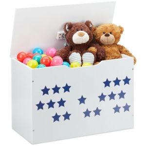 Image de Relaxdays Coffre à jouets avec couvercle, rangement pour enfant, design étoilé, caisse à jeux, 40x60x30 cm, blanc/bleu