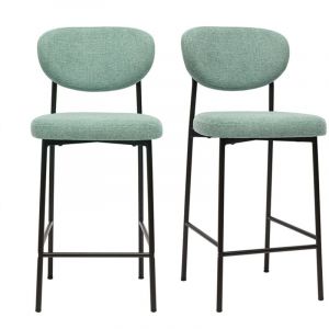 Miliboo Tabourets de bar fixes en tissu effet velours texturé vert céladon H65 cm (lot de 2) BREKA