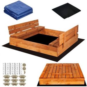 Springos Bac À Sable En Bois Massif Avec Bancs - 120 X 120 Cm - Inclus Géotextile Et Bâche De Protection