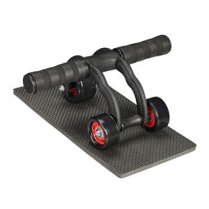 Relaxdays Roue Abdominale, 3 roulettes, Accessoire Sportif pour la Maison, Femmes & Hommes, Tapis Genoux, Noir - Rouge