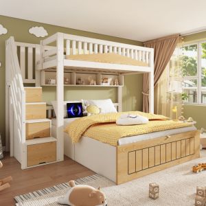 Lit superpos&eacute; 90x200cm + 140x200cm - Lit inf&eacute;rieur avec espace de rangement - escalier avec rangement - avec port USB - Blanc+Naturel (sans matelas)