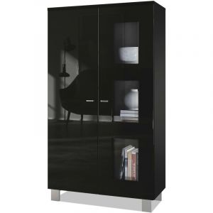 Image de Vitrine Armoire haute Commode Denjo en Noir mat - haute brillance - Porte en Noir haute brillance sans éclairage led - Porte en Noir haute brillance