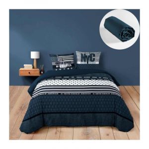 Cdaffaires - Ensemble de Lit States : Housse de Couette 200 x2 00 cm avec Drap-Housse Bleu 140X190 cm - Esprit usa