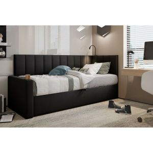 Lit Boxspring 100x200 cm tokio en tissu velours noir avec coffre et &eacute;clairage led - gauche