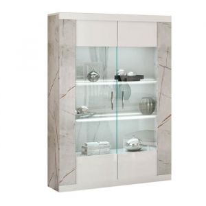 EROS - Vitrine 2 Portes Blanc Eclairage Led intégré avec Décor Latéral Aspect Marbre - Altobuy