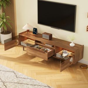 Meuble TV avec LED, 2 portes et 1 tiroir, adapt&eacute; aux t&eacute;l&eacute;viseurs de 60 &agrave; 69 pouces, 180&times;40&times;50 cm, MDF, marron