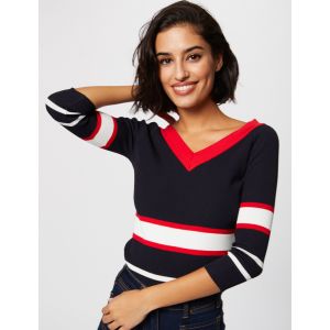 Image de Morgan Pull manches 3/4 bandes contrastantes marine femme