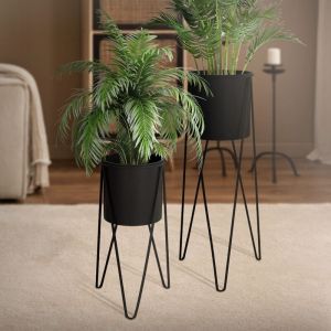 Set de 2 Supports de Plantes, 27x27x48,5 cm/35,5x34x75 cm, Rond, en Acier Noir, Support de Pots de Fleurs Métallique, Porte-Fleurs Décoratif,