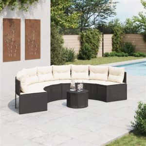 Canapé de jardin table coussins demi rond noir résine tressée