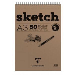 Clairefontaine 96902C - Bloc spiral&eacute; Sketch de 50 feuilles de papier &agrave; esquisse blanc, 90 g/m&sup2;, A3