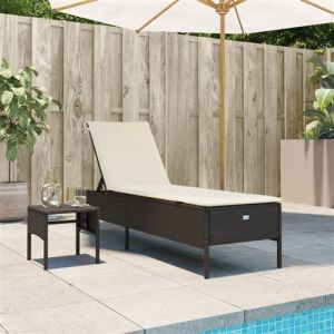 VidaXL Chaise longue avec table et coussin marron résine tressée, transat, lit de repos de jardin, meuble d'extérieur, chaise longue d'extérieur