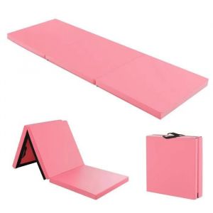 Image de Tapis De Gym Pliable Costway-180 X 60 X 5cm-3 Plis Avec Poignée-Attaches Auto-Agrippantes-En Pu Etanche Remplissage Epe-Rose Foncé