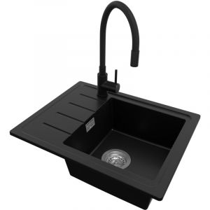 Primagran - Evier Cuisine en Granit 55x44cm, Lavabo 1 bac + Robinet 40x38cm + Kit de Vidage, &Eacute;vier &agrave; Encastrer au meuble 45cm - Copenhague Easy, Noir