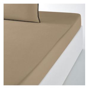 Image de Drap housse uni en coton lavé, brodé, Merida Beige Couleur Beige Taille 160 x 200 cm