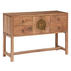 Pegane Table console en bois d'acacia coloris naturel avec 2 portes et 4 tiroirs - longueur 112 x Profondeur 40 x Hauteur 79 cm -