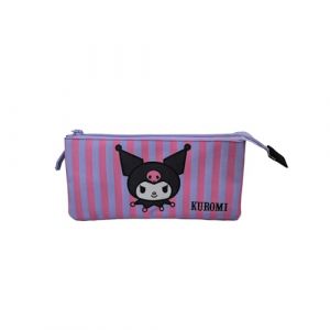 Dam TOYBAGS Kuromi Trousse &agrave; 3 Compartiments, Fermeture &eacute;clair, int&eacute;rieur enti&egrave;rement doubl&eacute; et Personnalisable, 3 Compartiments, 11,5 x 23,5 x 3 cm, Multicolore, color&eacute;, Trousse Scolaire Triple