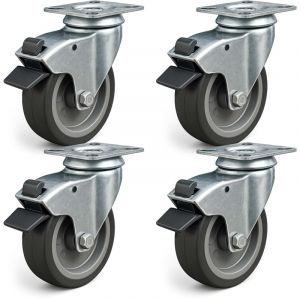 wiltec Jeu 4x Roulette pivotante en caoutchouc &ndash; &oslash; 100 mm &ndash; Capacit&eacute; de charge 80 kg &ndash; Roue avec Frein et Plaque de montage &ndash; Transport Appareil