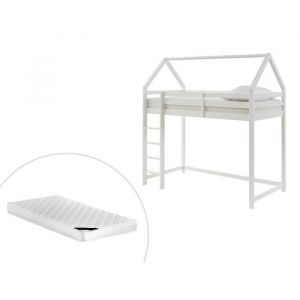 Lit mezzanine cabane 90 x 190 cm Pin Blanc + Matelas TARZIA