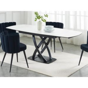 Table à manger extensible 4 à 8 personnes en céramique, verre trempé et acier inoxydable - Effet marbre blanc et Noir - LIOMELI de