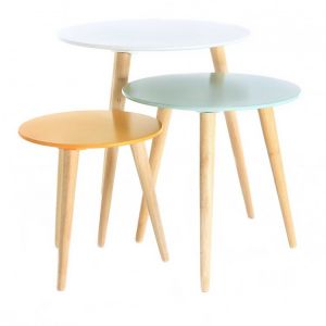 Kosyform 3 Fois Table Gigogne Ronde En Bois Blanche, Bleue Et Jaune