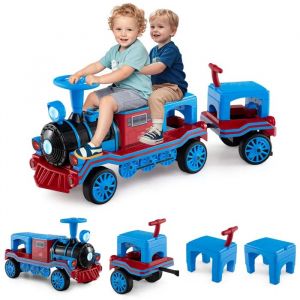 Costway 12v Train Electrique Pour Enfants Avec 2 Sièges Amovibles, Locomotive Et Wagon Lumières Led, Sifflet & Musique 3-8 Ans