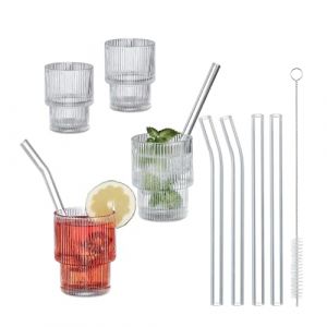 Relaxdays Verre strié à Eau, Lot de 4, Convient au Lave-Vaisselle, avec Paille, Design rétro, 210 ML, Transparent