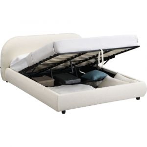 Lit coffre adulte 180x200cm avec t&ecirc;te de lit en tissu boucl&eacute; beige