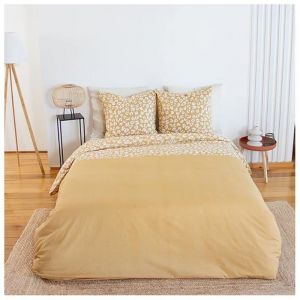 Cot&eacute; D&eacute;co Parure de lit - 220x240 cm - Housse de couette r&eacute;versible - 100% Coton - Jaune moutarde