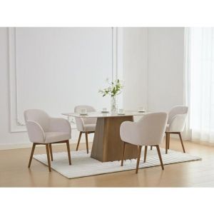 Lot de 6 chaises avec accoudoirs en tissu texturé et bois d'hévéa - Crème - MODINIA
