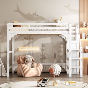 Lit mezzanine ados 140x200 cm avec sommier à lattes, penderie, marches, cadre de lit en pin, blanc