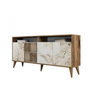 Menzzo Buffet bas 4 portes et 2 tiroirs Kaltes L160cm Bois et Effet marbre Blanc