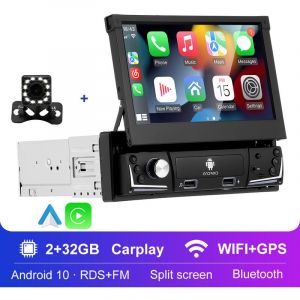 Autoradio gps Android 10.0 1 Din 7 ' Ecran Retractable 2G+32G WiFi Bluetooth CarPlay et Android Auto sans fil rds/fm/aux avec Camera