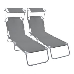 Vounot Lot de 2 Chaise Longue avec Pare Soleil Bain de Soleil Pliable Tissu Polyester Inclinable 4 Positions Transat Charge Max 120KG pour Jardin Terrasse Piscine Plage Camping Gris