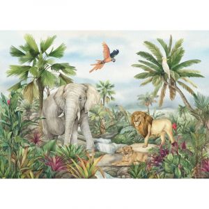 AG ART Poster intiss&eacute; - animaux de la jungle en couleur - lion, &eacute;l&eacute;phant, perroquet - 155 x 110 cm