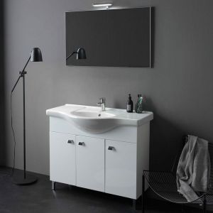 Armoire de salle de bains de 105 cm à poser, 3 portes, blanc brillant, miroir et lampe Smeraldo