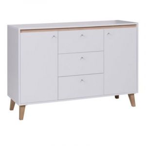 Image de Calicosy Buffet scandinave 2 portes et 3 tiroirs Owie - Blanc - 135 cm X 40 cm X 91 cm