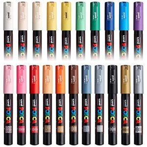 Posca Uni PC-1M Ensemble de marqueurs de 21 couleurs pour dessin sur tissu, verre et métal