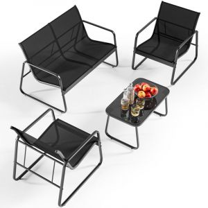 Salon de Jardin Bealife 4 Places Set de Jardin Acier et Textilène Table Verre Trempé Ensemble de Meuble pour Patio Jardin et Extérieur