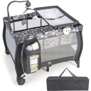 GOPLUS Lit Parapluie Bébé Pliable Portable 3 Fonctions, Grande Volume, Jouets, Roues avec Frein,Boîte à Musique, Table à
