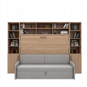 Inside75 Ensemble lit escamotable horizontal canapé surmeuble 2 armoires demi-porte MULTIMO SOFA couchage 140x200cm chêne