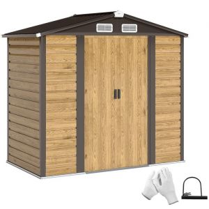 Outsunny Abri de jardin métal cabanon 2,36m² dim. 213x 120x 166/194Hcm - 2 portes, cadenas, clé, gants inclus - acier effet bois taupe