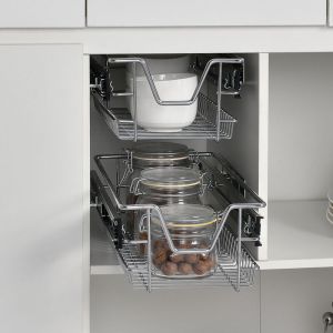 Lot de 2 Paniers Tiroirs de Rangement &agrave; Glissi&egrave;res T&eacute;lescopiques 27 x 44 x 14 cm Argent&eacute; [en casa]